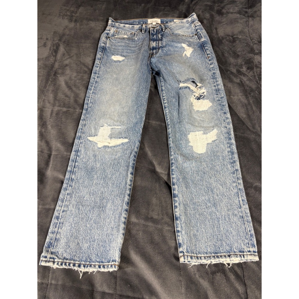 FRAME Le Piper‎ Straight Leg Jeans Clash Mend Distressed Blue Denim LPR385 Sz 26